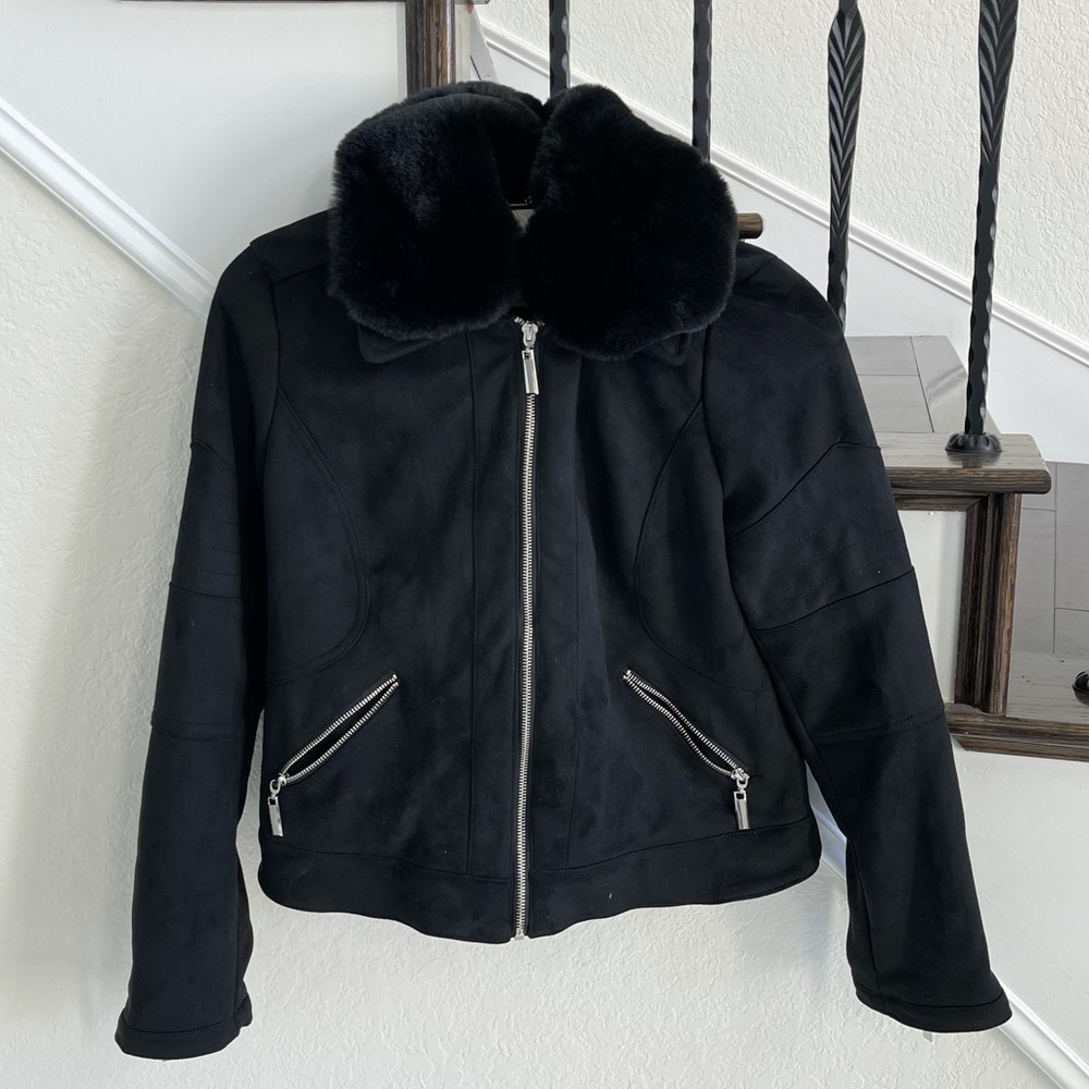 ODYN (SAKS OFF 5th) Black suede moto jacket with detachable faux fur collar - L